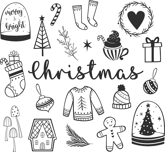 Christmas Doodles Clipart / Christmas Graphics / Cozy /  Holiday Clipart / Digital Download / Christmas Trees / Holiday Art / Christmastime