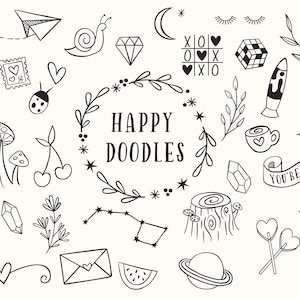 37 Happy Doodles Clip Art / Hand Drawn Doodles / Cute Drawings for Crafting / Digital Download / Cute Doodles / Hand Drawn