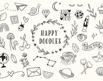 37 Happy Doodles Clip Art / Hand Drawn Doodles / Cute Drawings for Crafting / Digital Download / Cute Doodles / Hand Drawn