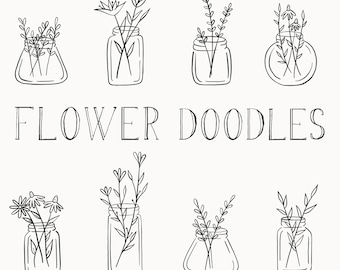 Flower Doodle Clip Art / Hand Drawn Flowers / Flowers in Jars / Digital Download / Summer Clip Art / Whimsical Flowers