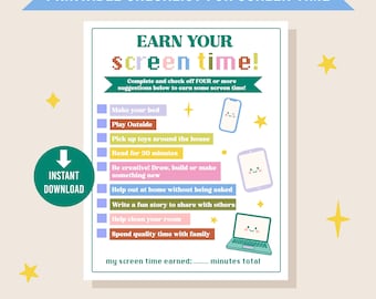 Screen Time Printable / Digital Download / Chore Checklist / Kids Checklist PDF / Summer Planner / PNG / Rule and Routine Chart / Tablet JPG