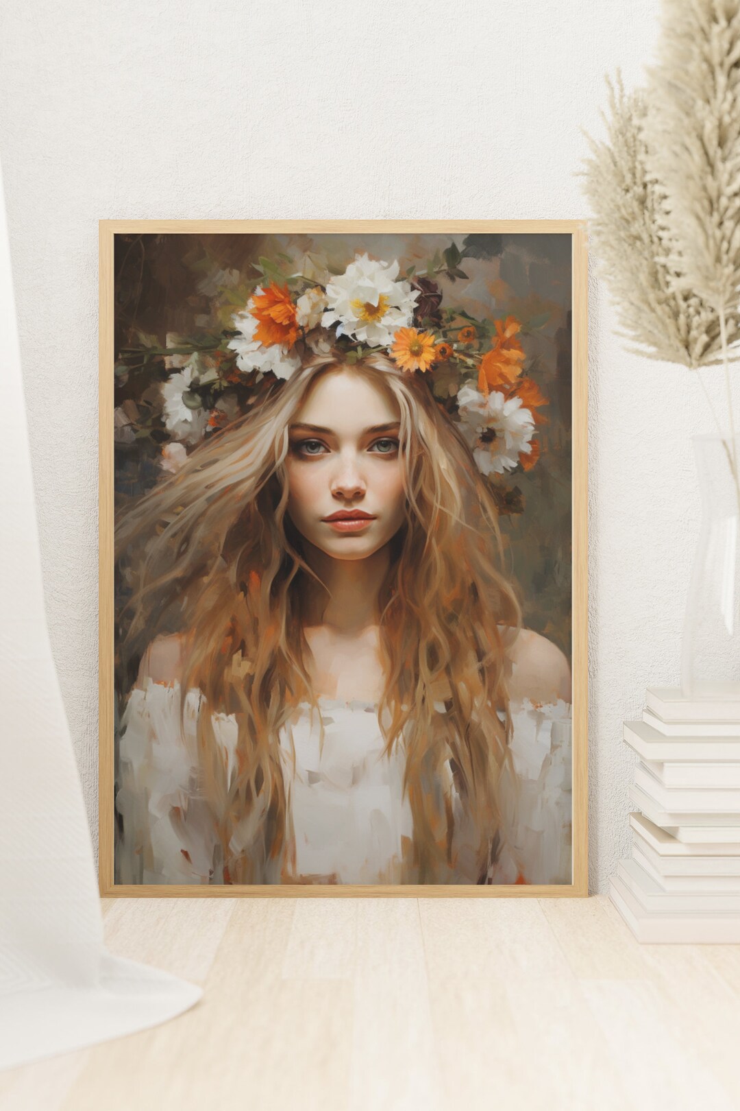 Wildflower Spirit Boho Chic Oil Painting Style Wall Art, Matte Vertical
