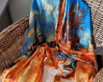 SALE 100% Silk Orange and Blue Scenery 180cm*90cm Elegant Gift Designer Gift for Her