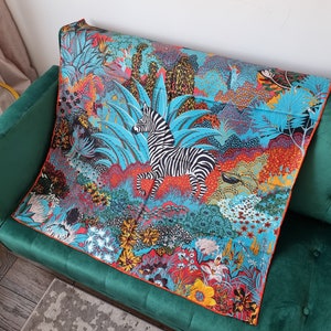 SALE 100% Silk Vibrant Teal Orange Animals Zebra colourful forest Scarf 90cm*90cm Elegant Designer Gift for Her