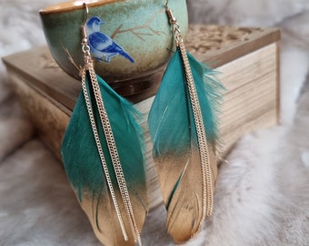 VENTE Boucles d’oreilles en plumes réelles Cadeau vert doré pour elle