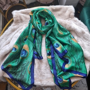 SALE Pure 100% Silk Emerald Green Peacock Feather and Satin Van Gogh Teal Almond Blossom Scarf Elegant Designer Gift for Her