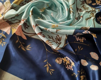 SALE Colourful Teal Indigo Tree Floral Golden Pink  Silk Scarf Satin Headwrap