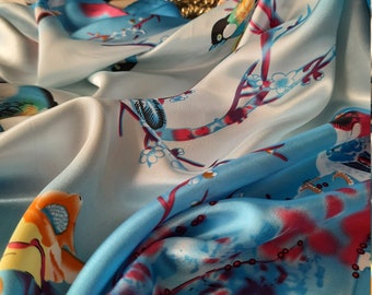 SALE Delicate Blue and Birds Orange Flowers  Silk Scarf Satin Headwrap