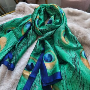 SALE Pure 100% Silk Emerald Green Peacock Feather and Satin Van Gogh Teal Almond Blossom Scarf Elegant Designer Gift for Her zdjęcie 2