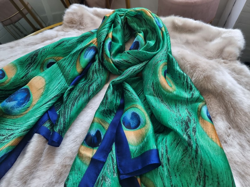 SALE Pure 100% Silk Emerald Green Peacock Feather and Satin Van Gogh Teal Almond Blossom Scarf Elegant Designer Gift for Her zdjęcie 2