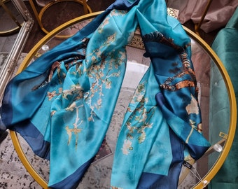 SALE Luxury Silk Turquoise Scarf Van Gogh Almond Blossom Teal Gift for Her