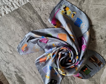 SALE 100% Silk Funny Coloured Cat Silk Grey Forrest Green Scarf Satin Hijab Neck Gift for Her