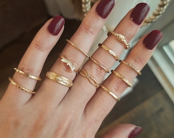 SALE 12 pcs Gold Plated Bohemian Stackable Knuckle Vintage Ring Set Summer Holidays with Iridescent Stone, Boho, Hippie Gift for Her