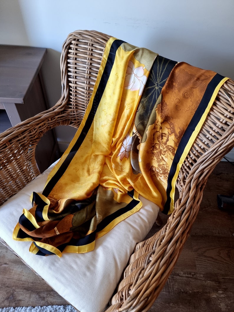 SALE 100% Silk Yellow and Black with Grey Elements 180cm90cm Elegant Gift Designer Gift for Her zdjęcie 5