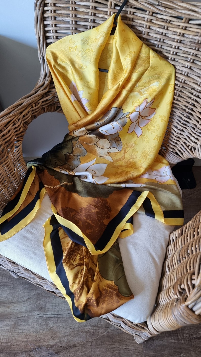 SALE 100% Silk Yellow and Black with Grey Elements 180cm90cm Elegant Gift Designer Gift for Her zdjęcie 8