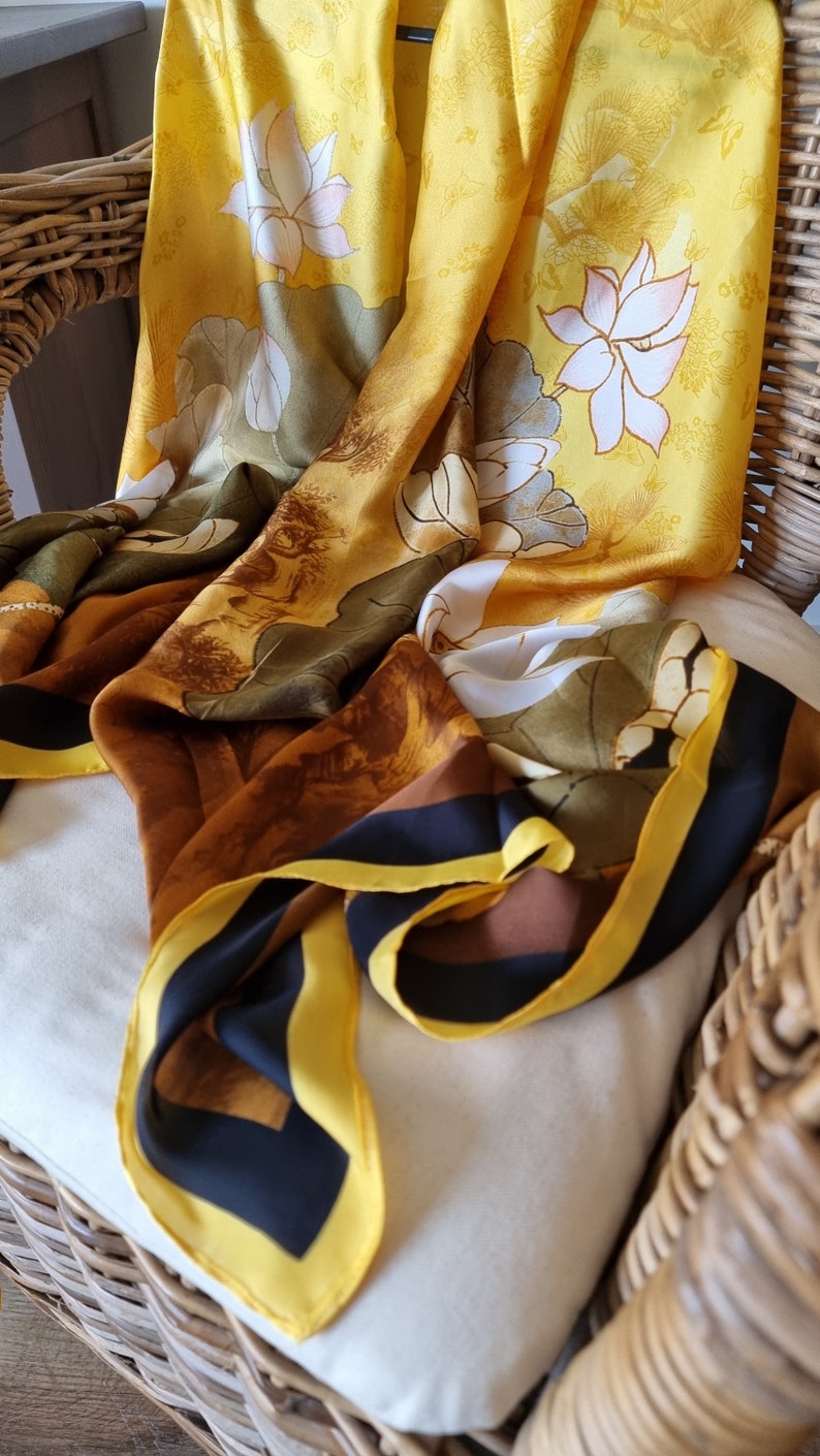 SALE 100% Silk Yellow and Black with Grey Elements 180cm90cm Elegant Gift Designer Gift for Her zdjęcie 7