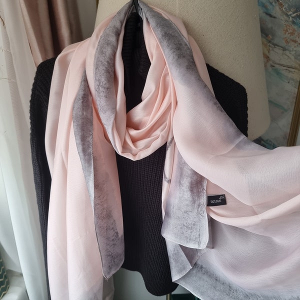 SALE 100% Seide Baby Blush Rosa mit Grau Element Schal 180cm * 90cm Elegantes Geschenk Designer Geschenk für Sie