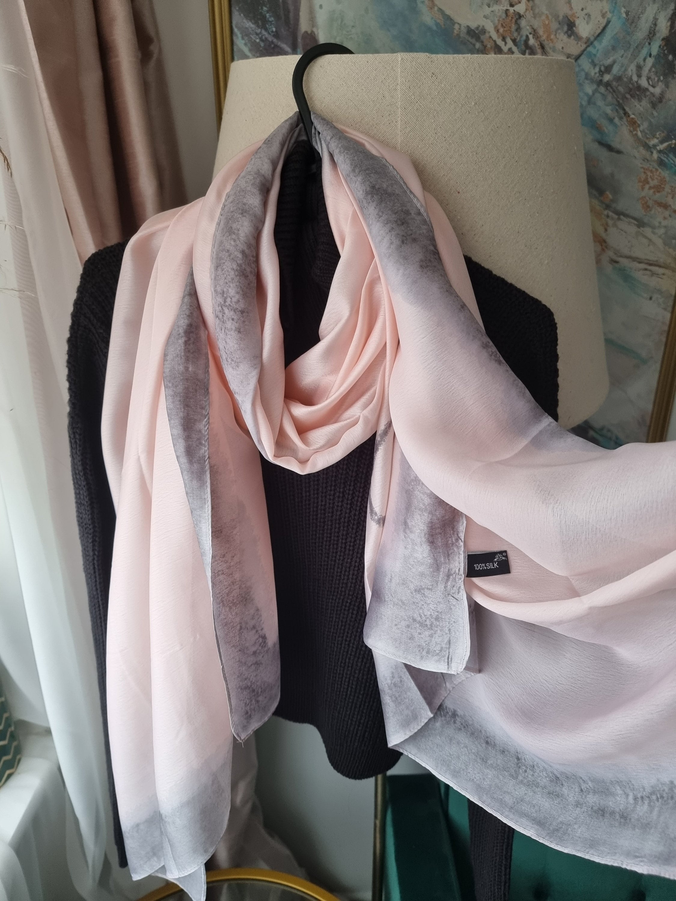 Macaboom Sale 100% Silk Baby Blush Pink with Grey Element Scarf 180cm*90cm Elegant Gift Designer Gift for Her