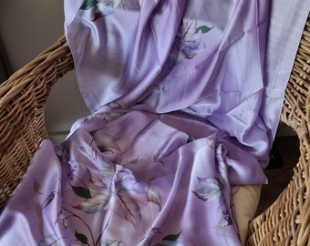 SALE Silk Satin Lilac Purple Pale Blush Pastel with Flowers 180cm*90cm Elegant Gift Designer Gift for Her