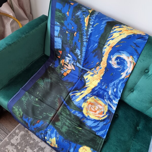 SALE Luxury 100% Silk "Starry Night" Print Deep Blue with Yellow and Orange Van Gogh Scarf 130cm*130cm Elegant Designer Gift for Her