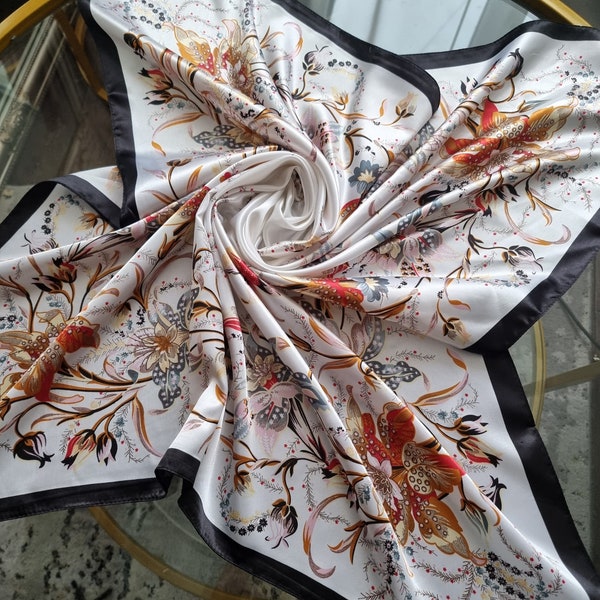 SALE Cream Ivory White with Orange Flowers and Black edges Elegant Luxury Scarf Satin Silk Scarf