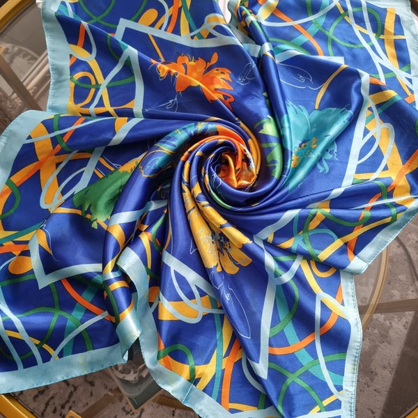 SALE Teal Edge Blue and Orange Vibrant Flowers Scarf Satin Silk Scarf