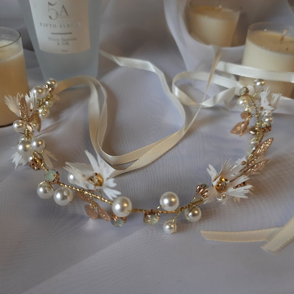 SALE Handmade Bridal Tiara Wedding Jewellery Silver Flower & Pearl Accessory Gold Leaf Boho Vintage Classic Hair Vine Gift for Her