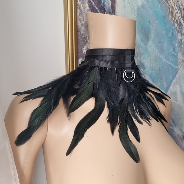 SALE Black Heather Harness Collar Lace Choker Iridescent Feathers with round Metal element