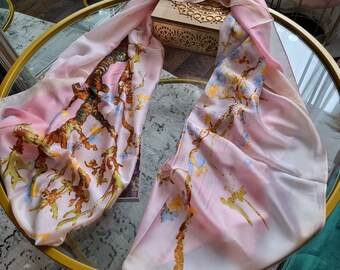 SALE Silk Van Gogh Pink, Purple, Cream Almond Blossom Scarf Satin Gift for Her