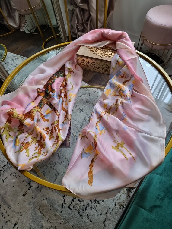 SALE Silk Van Gogh Pink Purple Cream Almond Blossom Scarf Satin