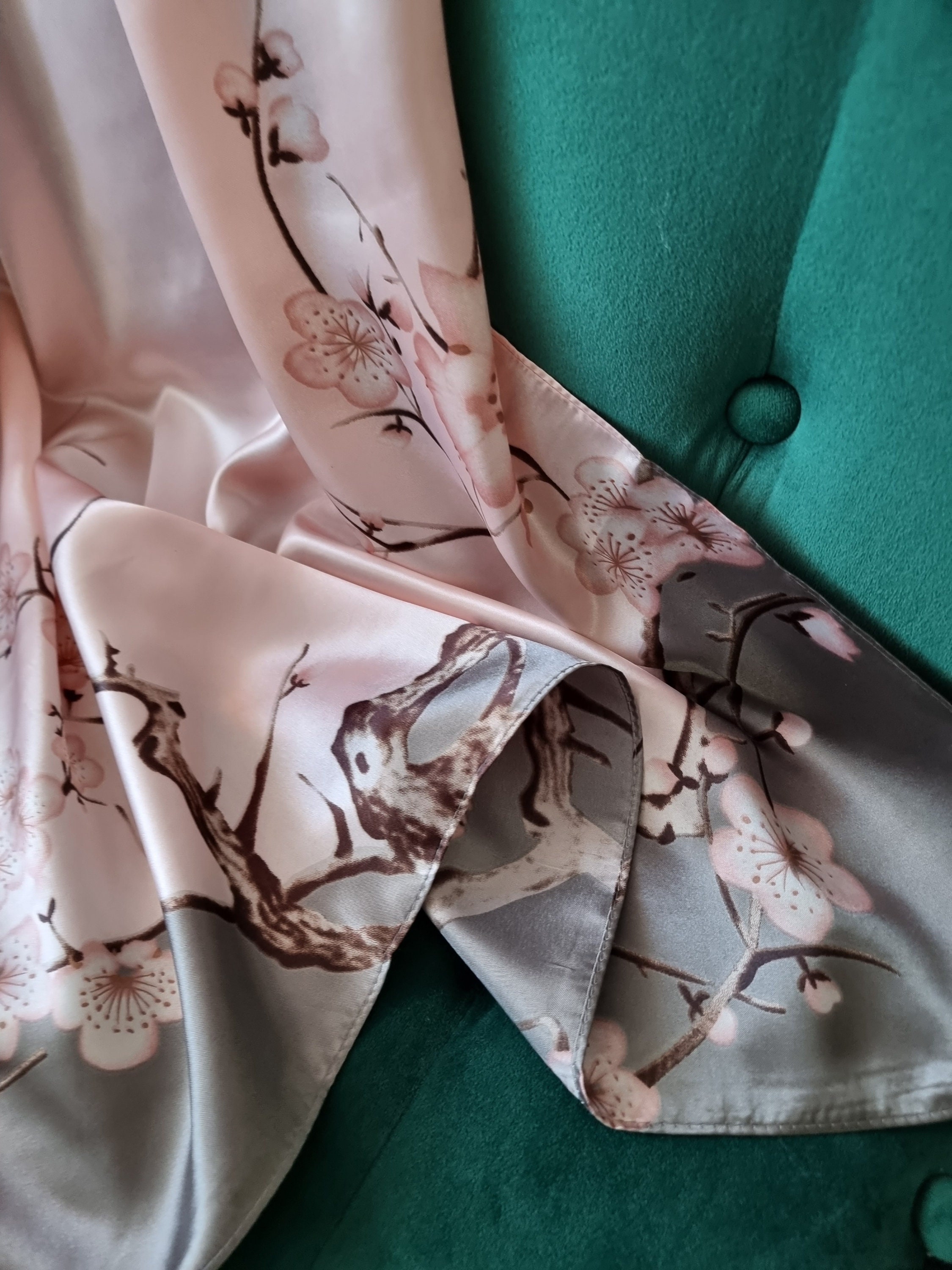 Luxurious Pink Blush 100% Grey Silky Flowers Silk Scarf Satin 