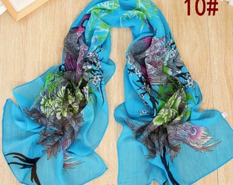 SALE Elegant Vibrant Teal Blue Peacock Pink Flowers Grey Feather Gradient Light Delicate Silk Chiffon Scarf Hand Printed 155*50 Gift for Her