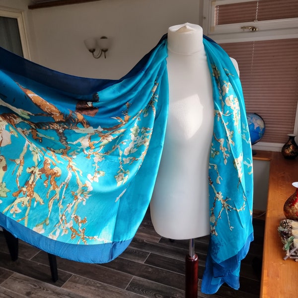 Écharpe en soie 100 % pure soie Van Gogh Turquoise Amandier en fleurs imprimé foulard en soie bleu Foulard en satin de soie de luxe