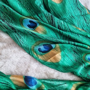 SALE Pure 100% Silk Emerald Green Peacock Feather and Satin Van Gogh Teal Almond Blossom Scarf Elegant Designer Gift for Her zdjęcie 7