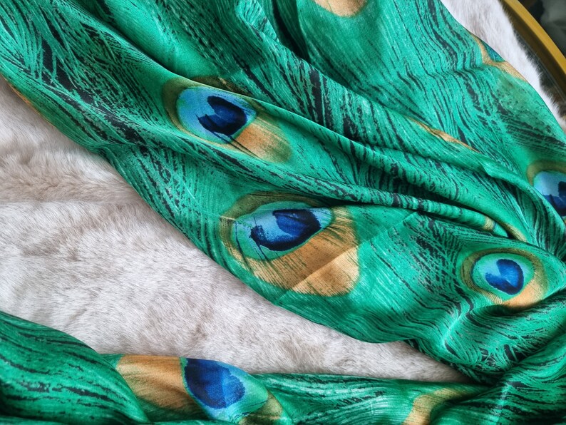 SALE Pure 100% Silk Emerald Green Peacock Feather and Satin Van Gogh Teal Almond Blossom Scarf Elegant Designer Gift for Her zdjęcie 7