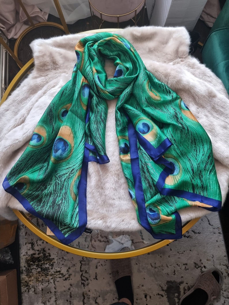 SALE Pure 100% Silk Emerald Green Peacock Feather and Satin Van Gogh Teal Almond Blossom Scarf Elegant Designer Gift for Her zdjęcie 1