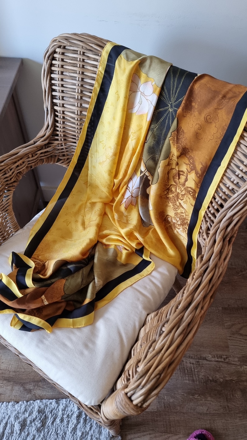 SALE 100% Silk Yellow and Black with Grey Elements 180cm90cm Elegant Gift Designer Gift for Her zdjęcie 3