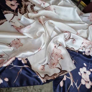 SALE Cream Ivory and Blue with Pink Flowers Silk Scarf Satin Headwrap zdjęcie 8