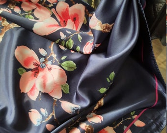 VERKOOP donkerblauwe Indigo & roze bloemen zijden sjaal satijnen hoofddoek