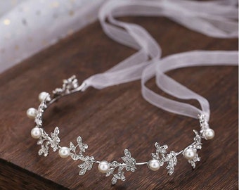 SALE Handmade Bridal Tiara Wedding Jewellery Silver Flower & Pearl Accessory Gold Leaf Boho Vintage Classic Hair Vine Gift for Her