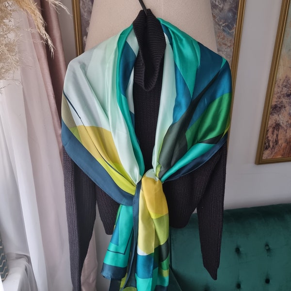SALE Silk Colourful Geometric Green, Blue and Yellow Lime Scarf Gift for Her