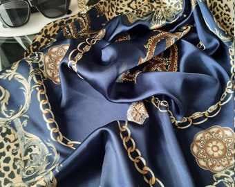 SALE Indigo Blue with Golden Keychain Animal Print  Silk Scarf Satin Headwrap