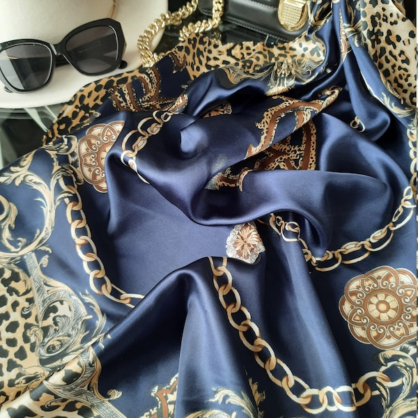 SALE Indigo Blue with Golden Keychain Animal Print  Silk Scarf Satin Headwrap