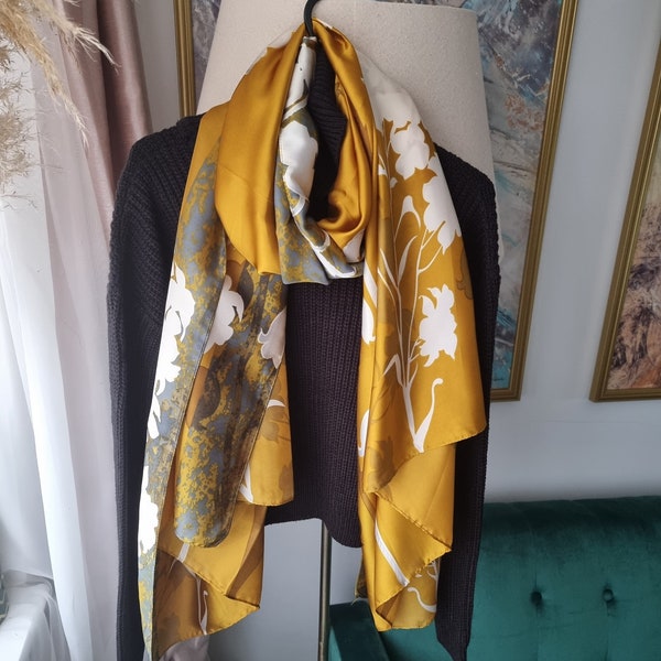 SALE Silk Colourful Mustard Yellow Flower White and Grey Flower Scarf Satin Gift Box Option Vibrant Gift for Her