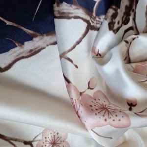 SALE Cream Ivory and Blue with Pink Flowers Silk Scarf Satin Headwrap zdjęcie 9