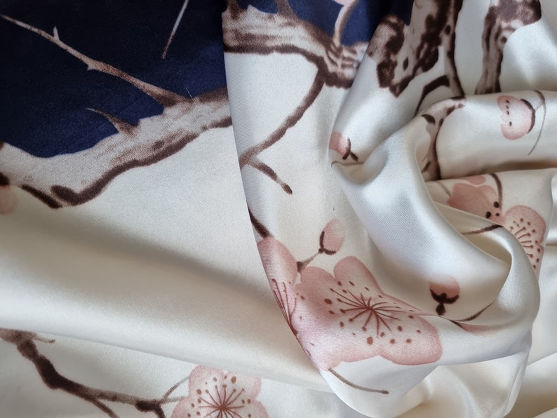 SALE Cream Ivory and Blue with Pink Flowers Silk Scarf Satin Headwrap zdjęcie 9