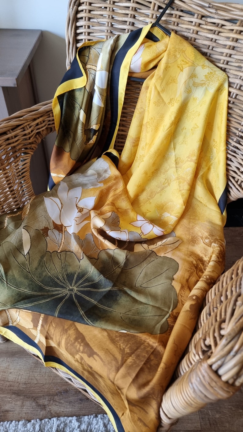 SALE 100% Silk Yellow and Black with Grey Elements 180cm90cm Elegant Gift Designer Gift for Her zdjęcie 2