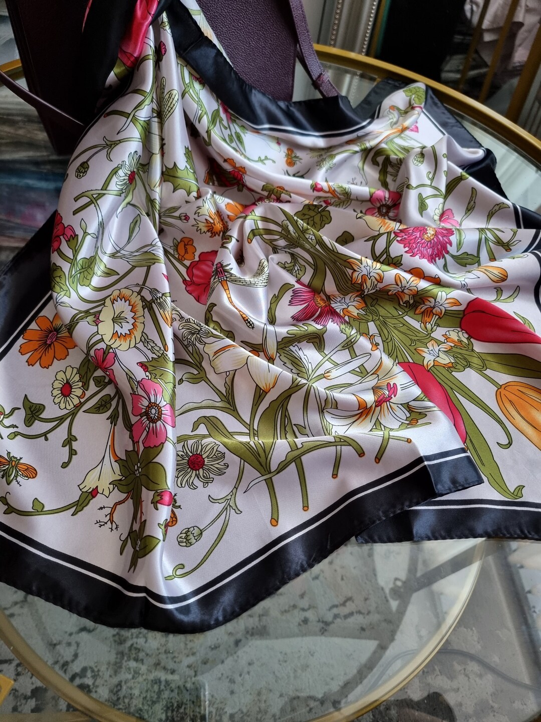 SALE Cream and Black With Orange Pink Flowers Silk Scarf Satin Headwrap ...