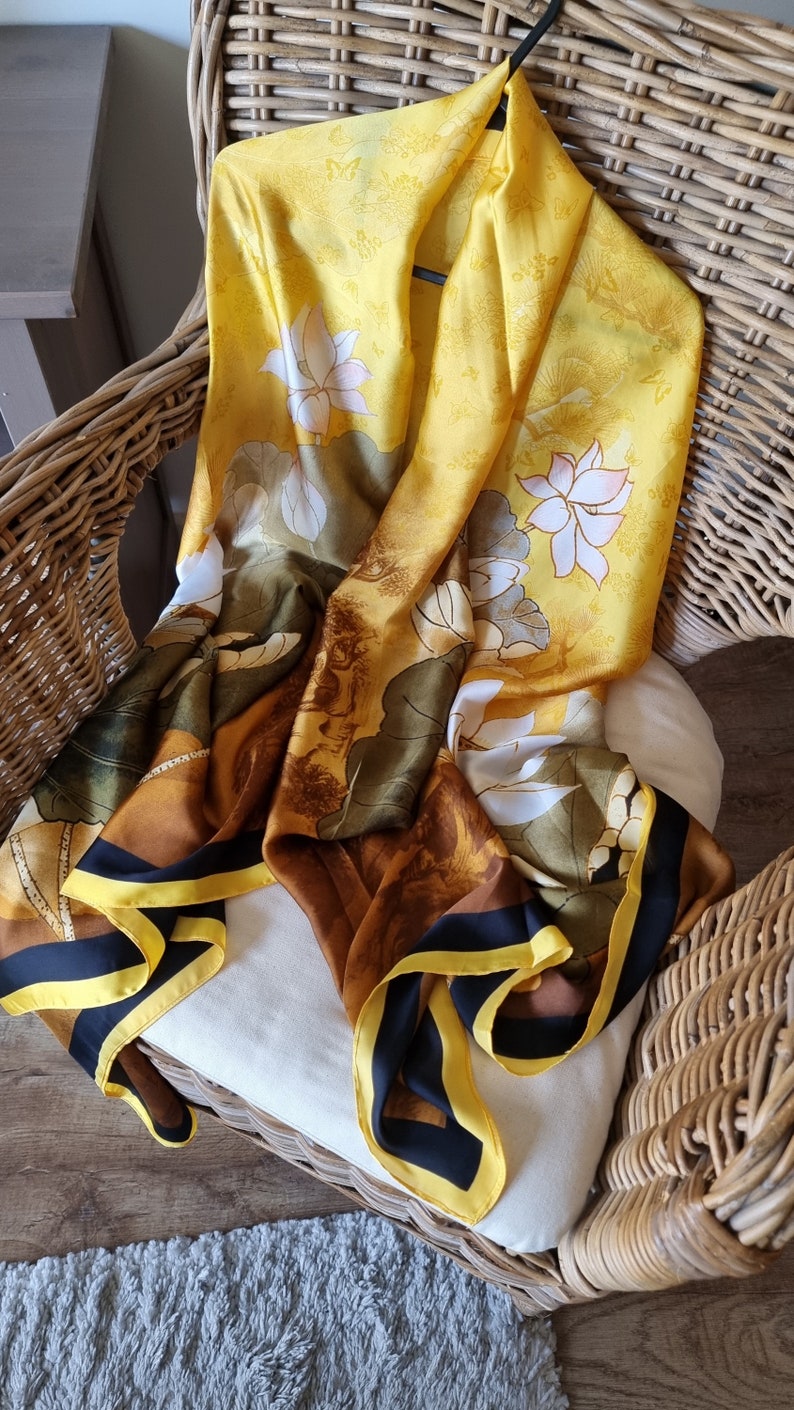 SALE 100% Silk Yellow and Black with Grey Elements 180cm90cm Elegant Gift Designer Gift for Her zdjęcie 6