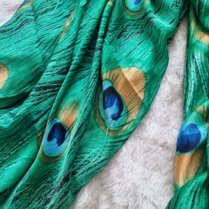 SALE Pure 100% Silk Emerald Green Peacock Feather and Satin Van Gogh Teal Almond Blossom Scarf Elegant Designer Gift for Her zdjęcie 3